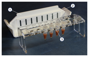 Fig. 1: MagRack16 (1. Magnetic base, 2. Segmented magnetic collector, 3. Transparent tube stand)