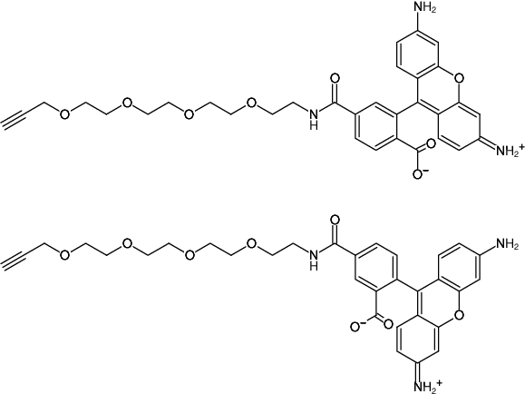 Structural formula of 5/6-Carboxyrhodamine 110-PEG4-Alkyne (Abs/Em = 501/525 nm)