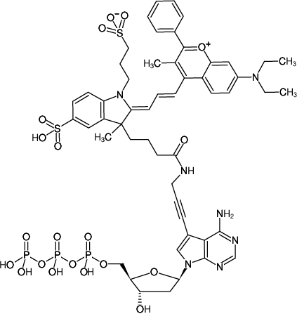 Structural formula of 7-Propargylamino-7-deaza-dATP-DYQ-661 (7-Deaza-7-propargylamino-2'-deoxyadenosine-5'-triphosphate, labeled with DYQ 661, Triethylammonium salt)