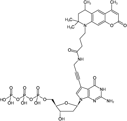 Structural formula of 7-Propargylamino-7-deaza-dGTP-ATTO-390 (7-Deaza-7-propargylamino-2'-deoxyguanosine-5'-triphosphate, labeled with ATTO 390, Triethylammonium salt)