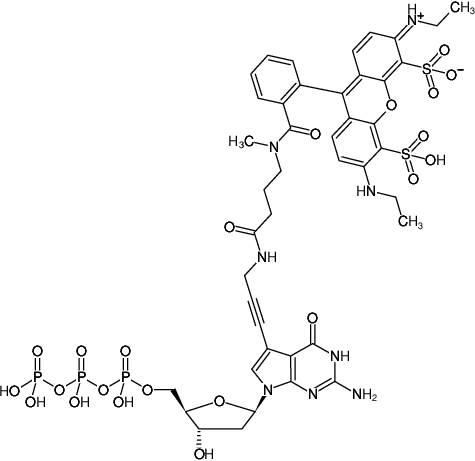 Structural formula of 7-Propargylamino-7-deaza-dGTP-ATTO-532 (7-Deaza-7-propargylamino-2'-deoxyguanosine-5'-triphosphate, labeled with ATTO 532, Triethylammonium salt)