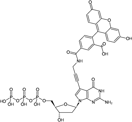 Structural formula of 7-Propargylamino-7-deaza-dGTP-5-FAM (7-Deaza-7-propargylamino-2'-deoxyguanosine-5'-triphosphate, labeled with 5 FAM, Triethylammonium salt)