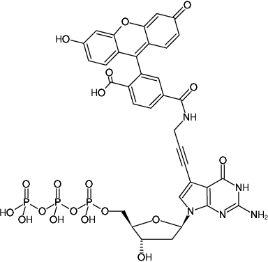 Structural formula of 7-Propargylamino-7-deaza-dGTP-6-FAM (7-Deaza-7-propargylamino-2'-deoxyguanosine-5'-triphosphate, labeled with 6 FAM, Triethylammonium salt)