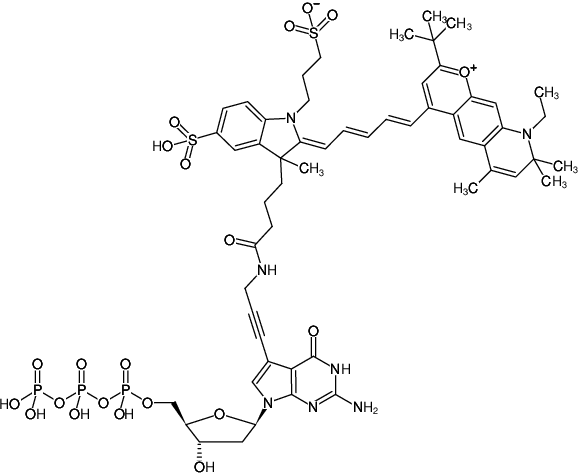 Structural formula of 7-Propargylamino-7-deaza-dGTP-DY-751 (7-Deaza-7-propargylamino-2'-deoxyguanosine-5'-triphosphate, labeled with DY 751, Triethylammonium salt)