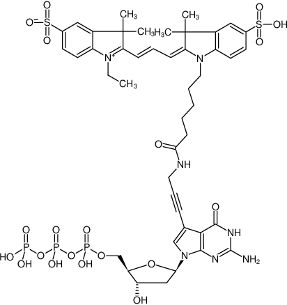 Structural formula of 7-Propargylamino-7-deaza-dGTP-Cy3 (7-Deaza-7-propargylamino-2'-deoxyguanosine-5'-triphosphate, labeled with Cy3, Triethylammonium salt)