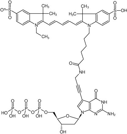 Structural formula of 7-Propargylamino-7-deaza-dGTP-Cy5 (7-Deaza-7-propargylamino-2'-deoxyguanosine-5'-triphosphate, labeled with Cy5, Triethylammonium salt)