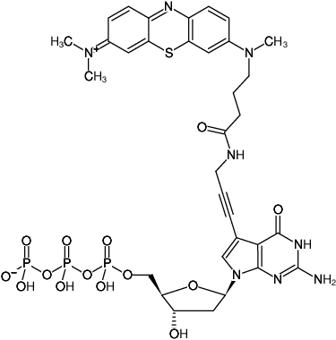 Structural formula of 7-Propargylamino-7-deaza-dGTP-ATTO-MB2 (7-Deaza-7-propargylamino-2'-deoxyguanosine-5'-triphosphate, labeled with ATTO-MB2, Triethylammonium salt)