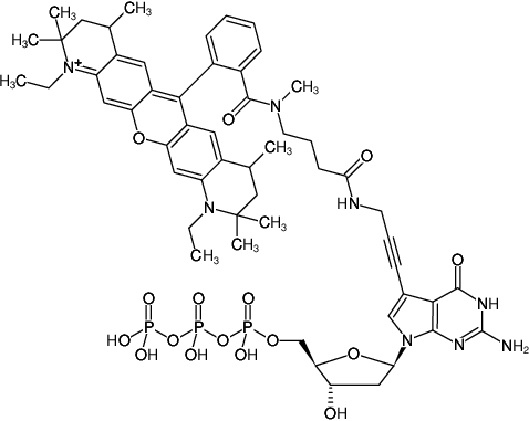 Structural formula of 7-Propargylamino-7-deaza-dGTP-ATTO-Rho12 (7-Deaza-7-propargylamino-2'-deoxyguanosine-5'-triphosphate, labeled with ATTO Rho12, Triethylammonium salt)