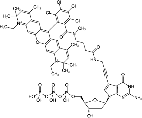 Structural formula of 7-Propargylamino-7-deaza-dGTP-ATTO-Rho14 (7-Deaza-7-propargylamino-2'-deoxyguanosine-5'-triphosphate, labeled with ATTO Rho14, Triethylammonium salt)