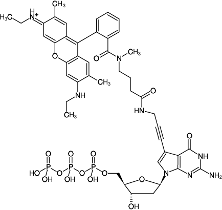 Structural formula of 7-Propargylamino-7-deaza-dGTP-ATTO-Rho6G (7-Deaza-7-propargylamino-2'-deoxyguanosine-5'-triphosphate, labeled with ATTO Rho6G, Triethylammonium salt)