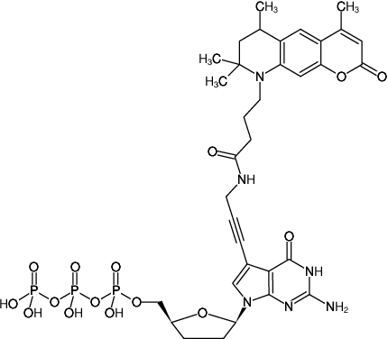 Structural formula of 7-Propargylamino-7-deaza-ddGTP-ATTO-390 (7-Deaza-7-propargylamino-2',3'-dideoxyguanosine-5'-triphosphate, labeled with ATTO 390, Triethylammonium salt)