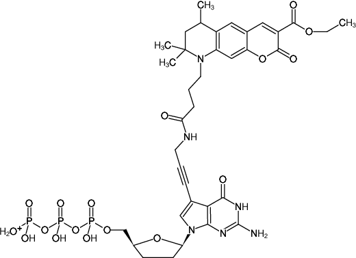 Structural formula of 7-Propargylamino-7-deaza-ddGTP-ATTO-425 (7-Deaza-7-propargylamino-2',3'-dideoxyguanosine-5'-triphosphate, labeled with ATTO 425, Triethylammonium salt)