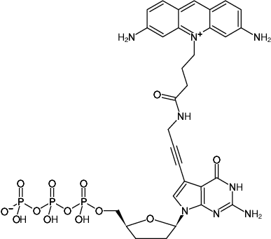 Structural formula of 7-Propargylamino-7-deaza-ddGTP-ATTO-465 (7-Deaza-7-propargylamino-2',3'-dideoxyguanosine-5'-triphosphate, labeled with ATTO 465, Triethylammonium salt)