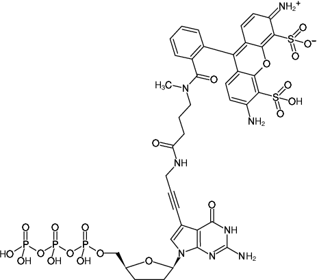 Structural formula of 7-Propargylamino-7-deaza-ddGTP-ATTO-488 (7-Deaza-7-propargylamino-2',3'-dideoxyguanosine-5'-triphosphate, labeled with ATTO 488, Triethylammonium salt)