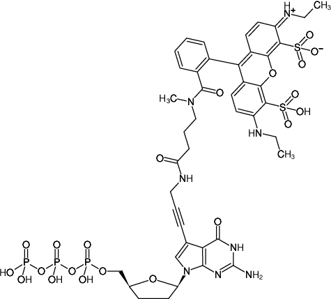 Structural formula of 7-Propargylamino-7-deaza-ddGTP-ATTO-532 (7-Deaza-7-propargylamino-2',3'-dideoxyguanosine-5'-triphosphate, labeled with ATTO 532, Triethylammonium salt)