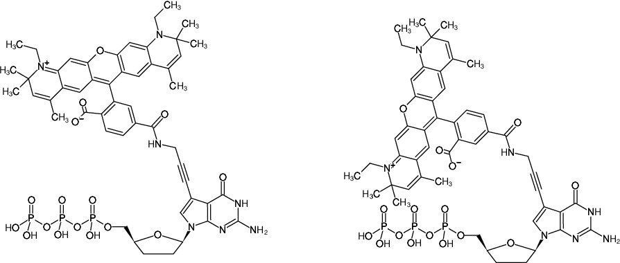 Structural formula of 7-Propargylamino-7-deaza-ddGTP-ATTO-590 (7-Deaza-7-propargylamino-2',3'-dideoxyguanosine-5'-triphosphate, labeled with ATTO 590, Triethylammonium salt)