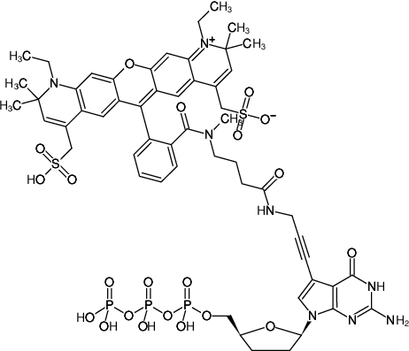 Structural formula of 7-Propargylamino-7-deaza-ddGTP-ATTO-594 (7-Deaza-7-propargylamino-2',3'-dideoxyguanosine-5'-triphosphate, labeled with ATTO 594, Triethylammonium salt)