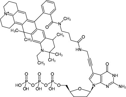 Structural formula of 7-Propargylamino-7-deaza-ddGTP-ATTO-647N (7-Deaza-7-propargylamino-2',3'-dideoxyguanosine-5'-triphosphate, labeled with ATTO 647N, Triethylammonium salt)