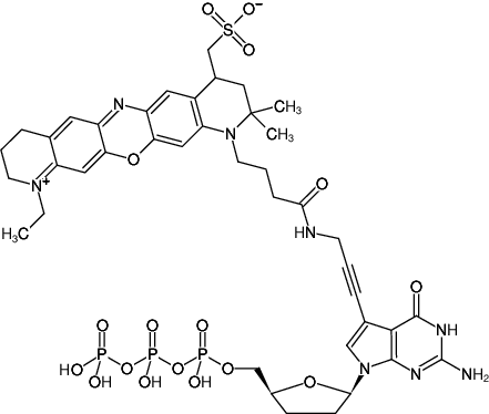 Structural formula of 7-Propargylamino-7-deaza-ddGTP-ATTO-655 (7-Deaza-7-propargylamino-2',3'-dideoxyguanosine-5'-triphosphate, labeled with ATTO 655, Triethylammonium salt)