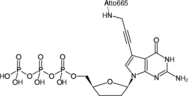 Structural formula of 7-Propargylamino-7-deaza-ddGTP-ATTO-665 (7-Deaza-7-propargylamino-2',3'-dideoxyguanosine-5'-triphosphate, labeled with ATTO 665, Triethylammonium salt)