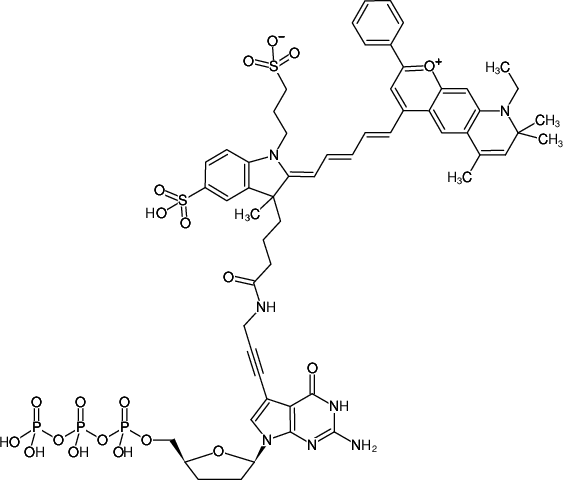 Structural formula of 7-Propargylamino-7-deaza-ddGTP-DY-776 (7-Deaza-7-propargylamino-2',3'-dideoxyguanosine-5'-triphosphate, labeled with DY 776, Triethylammonium salt)