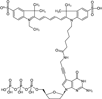 Structural formula of 7-Propargylamino-7-deaza-ddGTP-Cy5 (7-Deaza-7-propargylamino-2',3'-dideoxyguanosine-5'-triphosphate, labeled with Cy5, Triethylammonium salt)