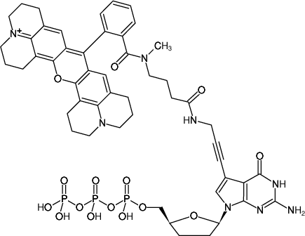 Structural formula of 7-Propargylamino-7-deaza-ddGTP-ATTO-Rho101 (7-Deaza-7-propargylamino-2',3'-dideoxyguanosine-5'-triphosphate, labeled with ATTO Rho101, Triethylammonium salt)