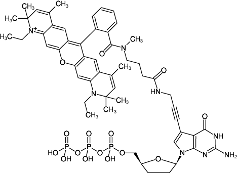 Structural formula of 7-Propargylamino-7-deaza-ddGTP-ATTO-Rho13 (7-Deaza-7-propargylamino-2',3'-dideoxyguanosine-5'-triphosphate, labeled with ATTO Rho13, Triethylammonium salt)