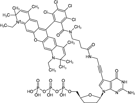 Structural formula of 7-Propargylamino-7-deaza-ddGTP-ATTO-Rho14 (7-Deaza-7-propargylamino-2',3'-dideoxyguanosine-5'-triphosphate, labeled with ATTO Rho14, Triethylammonium salt)