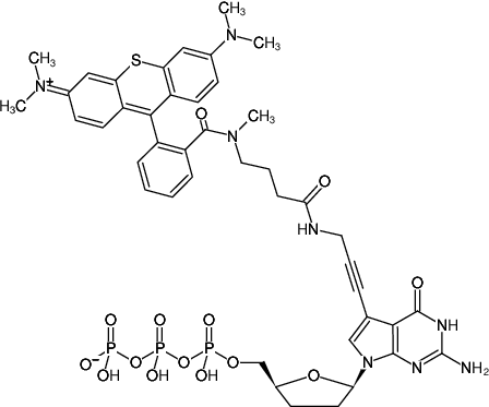 Structural formula of 7-Propargylamino-7-deaza-ddGTP-ATTO-Thio12 (7-Deaza-7-propargylamino-2',3'-dideoxyguanosine-5'-triphosphate, labeled with ATTO Thio12, Triethylammonium salt)