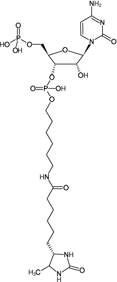 Structural formula of pCp-Desthiobiotin (Cytidine-5'-phosphate-3'-(6-aminohexyl)phosphate, labeled with Desthiobiotin, Triethylammonium salt)