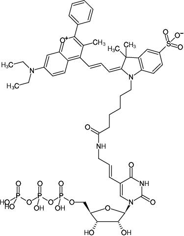 Structural formula of Aminoallyl-UTP-DYQ-660 (5-(3-Aminoallyl)-uridine-5'-triphosphate, labeled with DYQ 660, Triethylammonium salt)