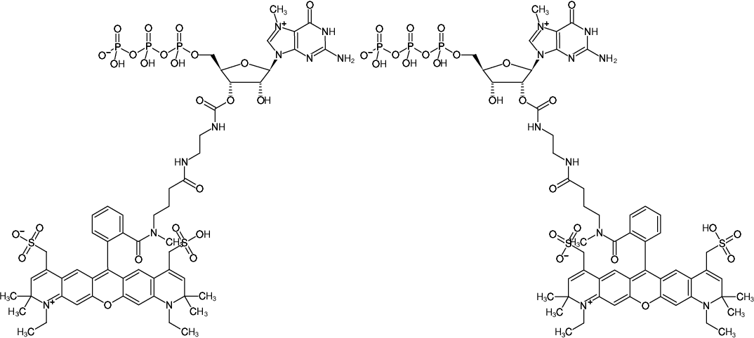 Structural formula of EDA-m7GTP-ATTO-594 (2'/3'-O-(2-Aminoethyl-carbamoyl)-7-methyl-guanosine-5'-triphosphate, labeled with ATTO 594, Triethylammonium salt)