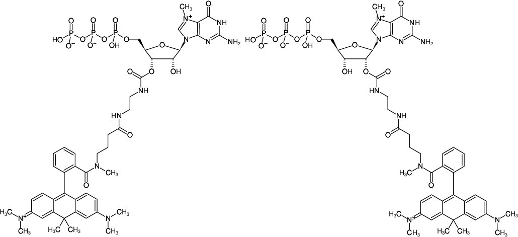 Structural formula of EDA-m7GTP-ATTO-620 (2'/3'-O-(2-Aminoethyl-carbamoyl)-7-methyl-guanosine-5'-triphosphate, labeled with ATTO 620, Triethylammonium salt)