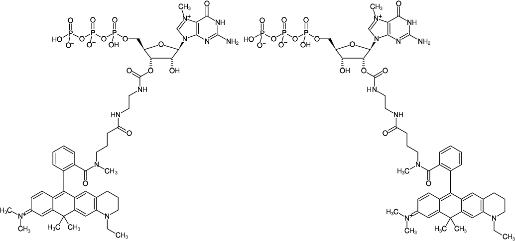 Structural formula of EDA-m7GTP-ATTO-633 (2'/3'-O-(2-Aminoethyl-carbamoyl)-7-methyl-guanosine-5'-triphosphate, labeled with ATTO 633, Triethylammonium salt)