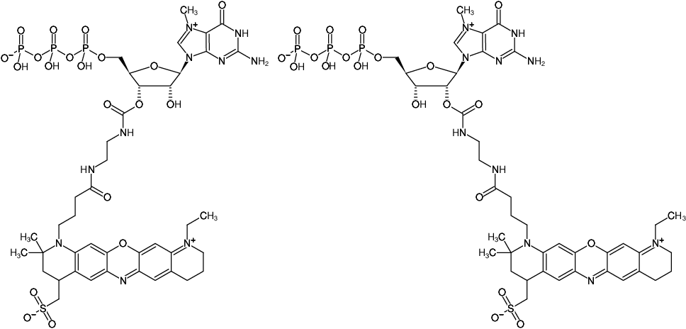 Structural formula of EDA-m7GTP-ATTO-655 (2'/3'-O-(2-Aminoethyl-carbamoyl)-7-methyl-guanosine-5'-triphosphate, labeled with ATTO 655, Triethylammonium salt)