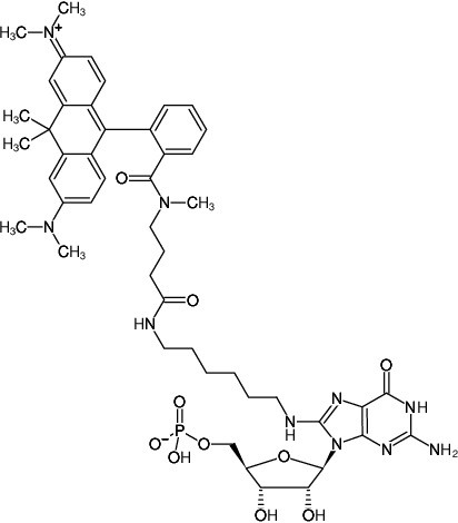 Structural formula of 8-(6-Aminohexyl)-amino-GMP-ATTO-620 (8-(6-Aminohexyl)-amino-guanosine-5'-monophosphate, labeled with ATTO 620, Triethylammonium salt)