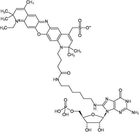 Structural formula of 8-(6-Aminohexyl)-amino-GMP-ATTO-700 (8-(6-Aminohexyl)-amino-guanosine-5'-monophosphate, labeled with ATTO 700, Triethylammonium salt)