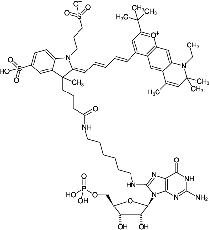 Structural formula of 8-(6-Aminohexyl)-amino-GMP-DY-751 (8-(6-Aminohexyl)-amino-guanosine-5'-monophosphate, labeled with DY 751, Triethylammonium salt)