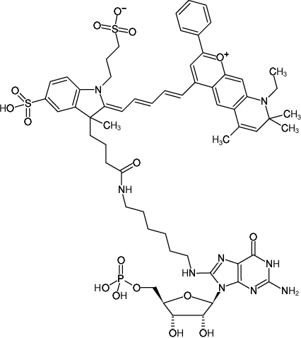 Structural formula of 8-(6-Aminohexyl)-amino-GMP-DY-776 (8-(6-Aminohexyl)-amino-guanosine-5'-monophosphate, labeled with DY 776, Triethylammonium salt)