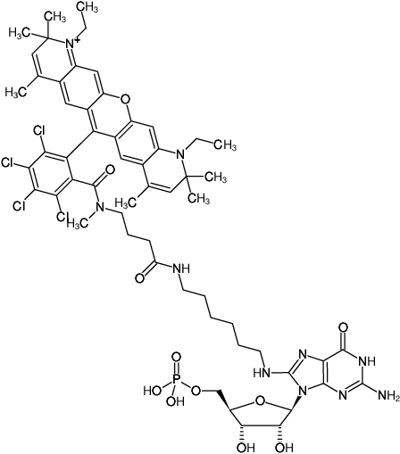 Structural formula of 8-(6-Aminohexyl)-amino-GMP-ATTO-Rho14 (-(6-Aminohexyl)-amino-guanosine-5'-monophosphate, labeled with ATTO Rho14, Triethylammonium salt)