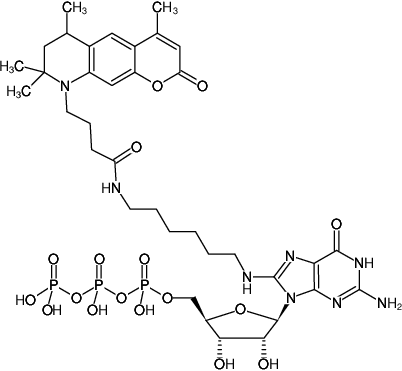 Structural formula of 8-(6-Aminohexyl)-amino-GTP-ATTO-390 (8-(6-Aminohexyl)-amino-guanosine-5'-triphosphate, labeled with ATTO 390 Triethylammonium salt)