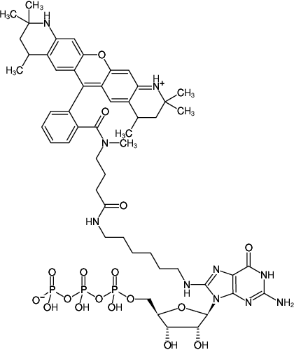 Structural formula of 8-(6-Aminohexyl)-amino-GTP-ATTO-550 (8-(6-Aminohexyl)-amino-guanosine-5'-triphosphate, labeled with ATTO 550, Triethylammonium salt)