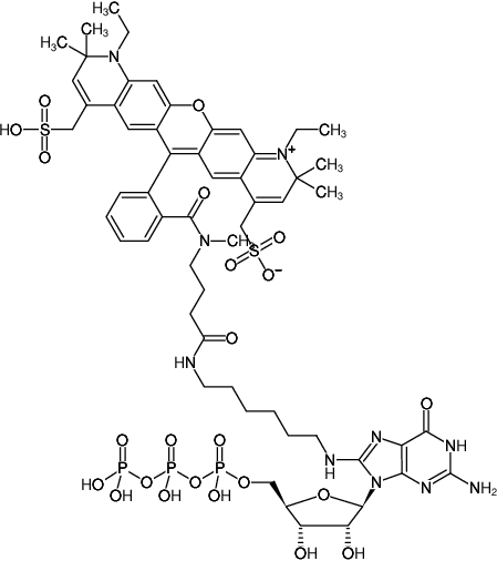 Structural formula of 8-(6-Aminohexyl)-amino-GTP-ATTO-594 (8-(6-Aminohexyl)-amino-guanosine-5'-triphosphate, labeled with ATTO 594, Triethylammonium salt)