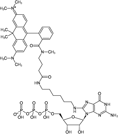 Structural formula of 8-(6-Aminohexyl)-amino-GTP-ATTO-620 (8-(6-Aminohexyl)-amino-guanosine-5'-triphosphate, labeled with ATTO 620, Triethylammonium salt)