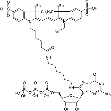 Structural formula of 8-(6-Aminohexyl)-amino-GTP-Cy3 (8-(6-Aminohexyl)-amino-guanosine-5'-triphosphate, labeled with Cy3, Triethylammonium salt)