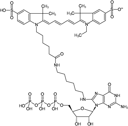 Structural formula of 8-(6-Aminohexyl)-amino-GTP-Cy5 (8-(6-Aminohexyl)-amino-guanosine-5'-triphosphate, labeled with Cy5, Triethylammonium salt)