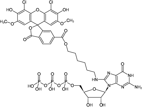 Structural formula of 8-(6-Aminohexyl)-amino-GTP-6-JOE (8-(6-Aminohexyl)-amino-guanosine-5'-triphosphate, labeled with 6-JOE, Triethylammonium salt)