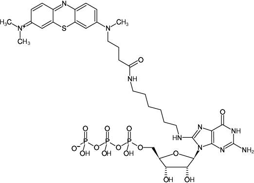 Structural formula of 8-(6-Aminohexyl)-amino-GTP-ATTO-MB2 (8-(6-Aminohexyl)-amino-guanosine-5'-triphosphate, labeled with ATTO-MB2, Triethylammonium salt)