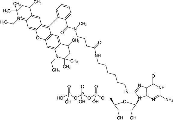 Structural formula of 8-(6-Aminohexyl)-amino-GTP-ATTO-Rho12 (8-(6-Aminohexyl)-amino-guanosine-5'-triphosphate, labeled with ATTO Rho12, Triethylammonium salt)